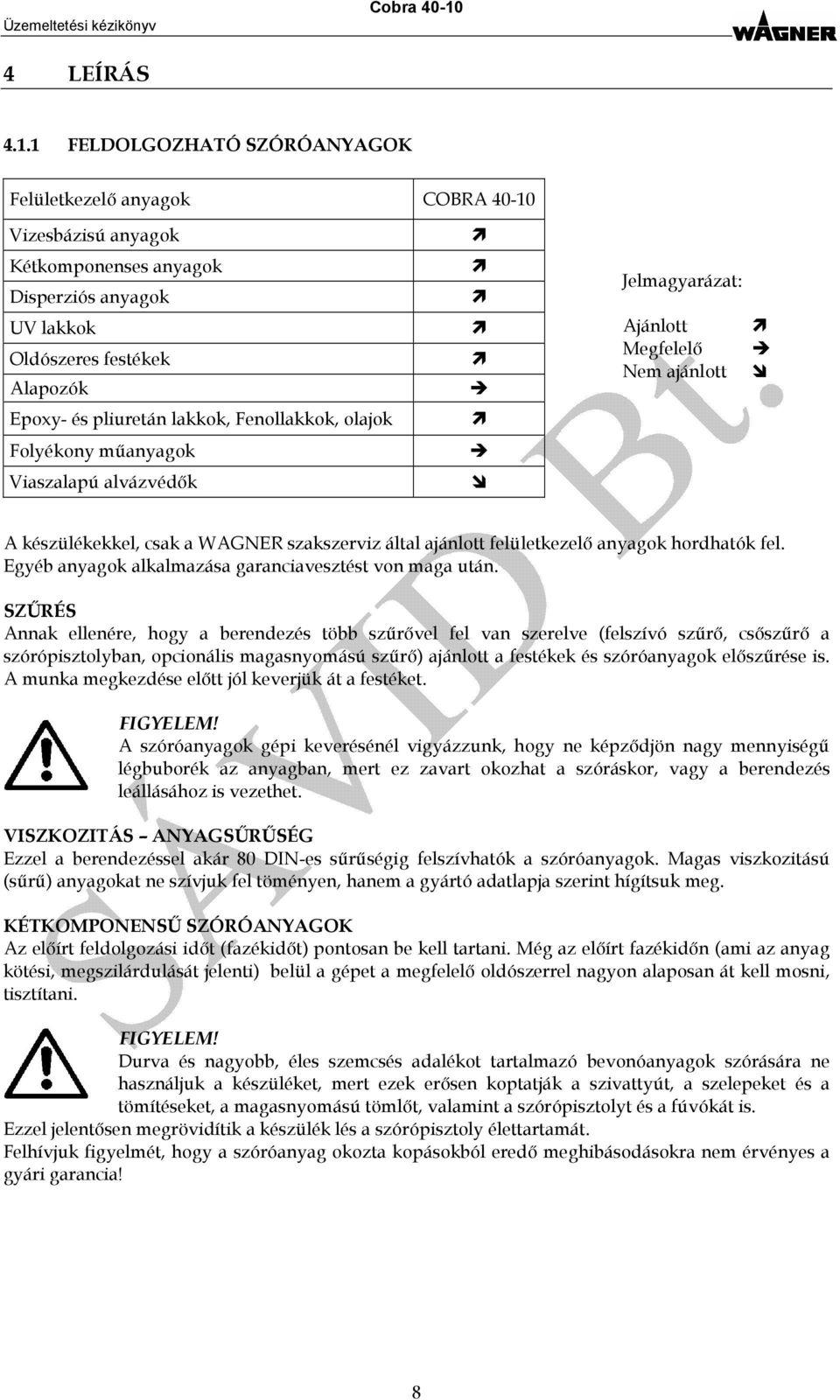 Nem ajánlott Epoxy- és pliuretán lakkok, Fenollakkok, olajok Folyékony műanyagok Viaszalapú alvázvédők A készülékekkel, csak a WAGNER szakszerviz által ajánlott felületkezelő anyagok hordhatók fel.