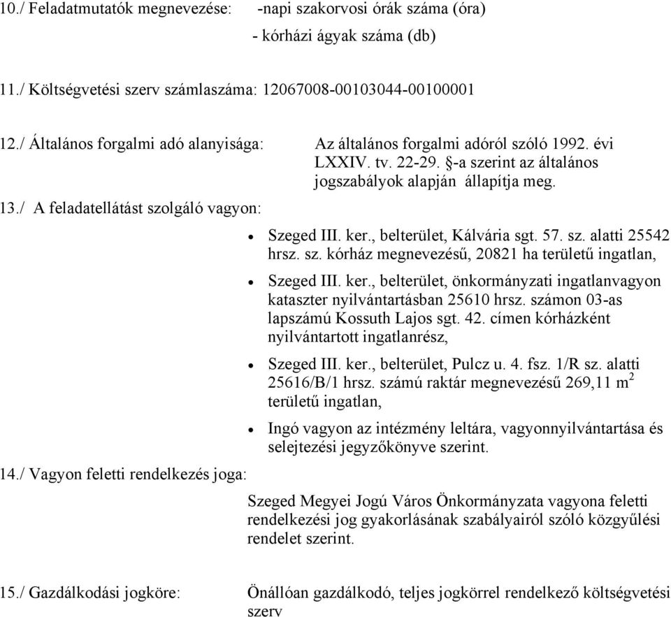 / A feladatellátást szolgáló vagyon: Szeged III. ker., belterület, Kálvária sgt. 57. sz. alatti 25542 hrsz. sz. kórház megnevezésű, 20821 ha területű ingatlan, Szeged III. ker., belterület, önkormányzati ingatlanvagyon kataszter nyilvántartásban 25610 hrsz.