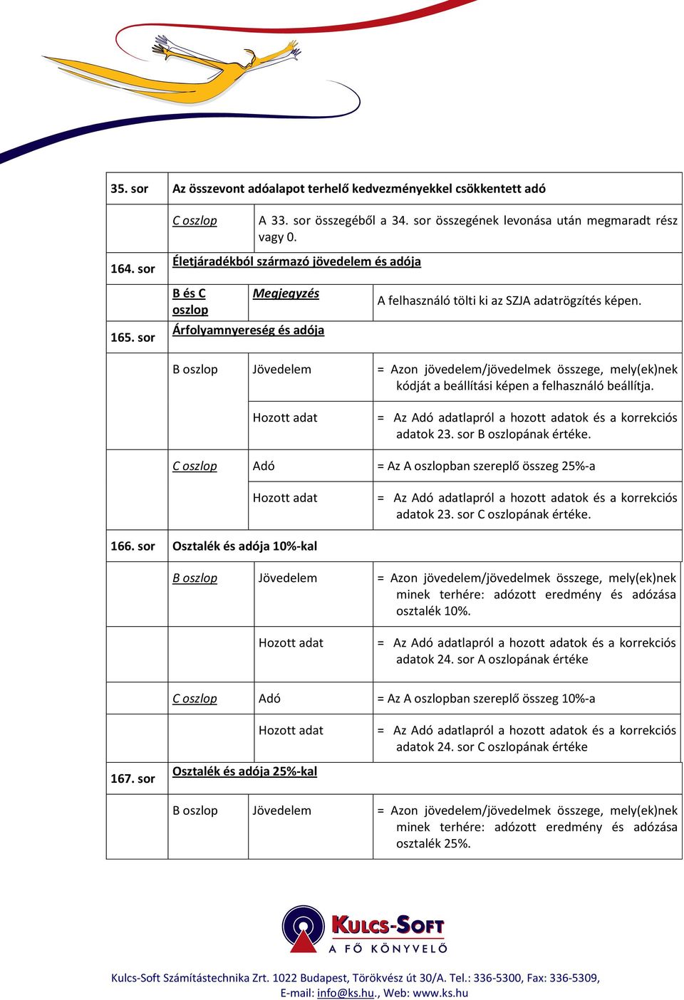 B oszlop Jövedelem = Azon jövedelem/jövedelmek összege, mely(ek)nek adatok 23. sor B oszlopának értéke. Adó = Az A oszlopban szereplő összeg 25%-a adatok 23. sor ának értéke. 166.