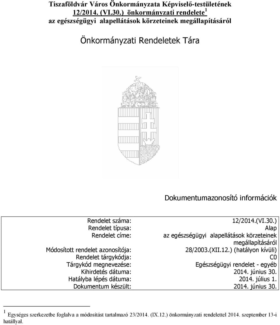 ) Rendelet típusa: Alap Rendelet címe: az egészségügyi alapellátások körzeteinek megállapításáról Módosított rendelet azonosítója: 28/2003.(XII.12.