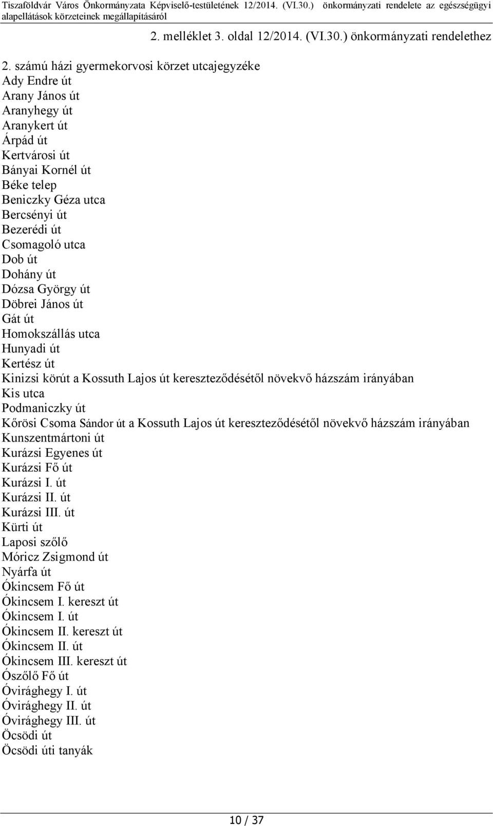 Csomagoló utca Dob út Dohány út Dózsa György út Döbrei János út Gát út Homokszállás utca Hunyadi út Kertész út Kinizsi körút a Kossuth Lajos út kereszteződésétől növekvő házszám irányában Kis utca