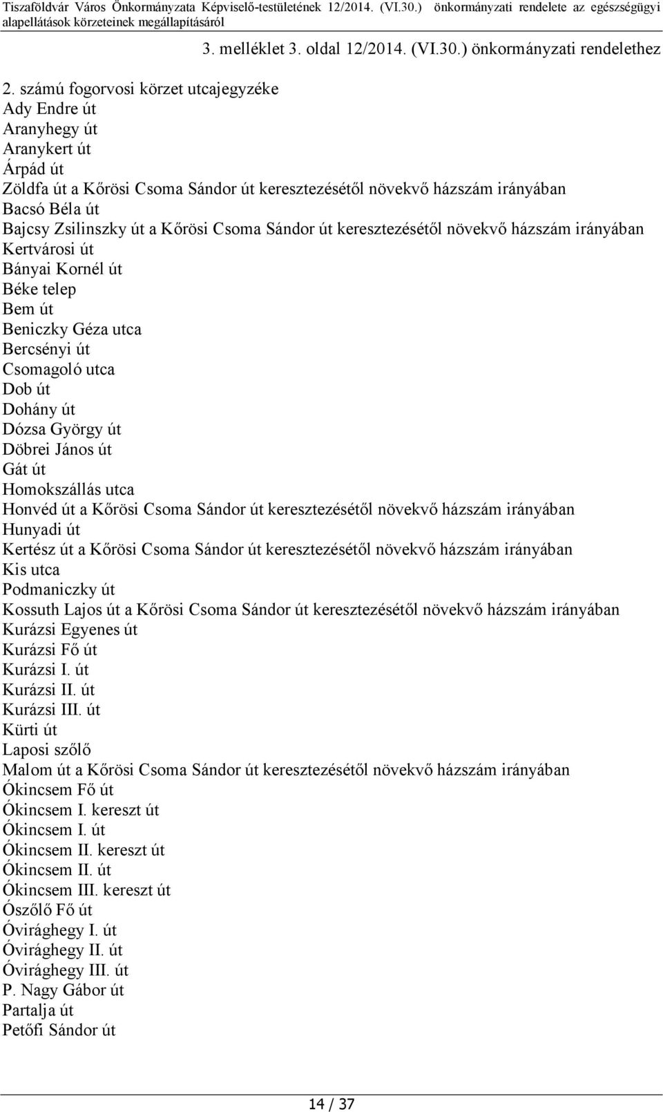 Kőrösi Csoma Sándor út keresztezésétől növekvő házszám irányában Kertvárosi út Bányai Kornél út Béke telep Bem út Beniczky Géza utca Bercsényi út Csomagoló utca Dob út Dohány út Dózsa György út