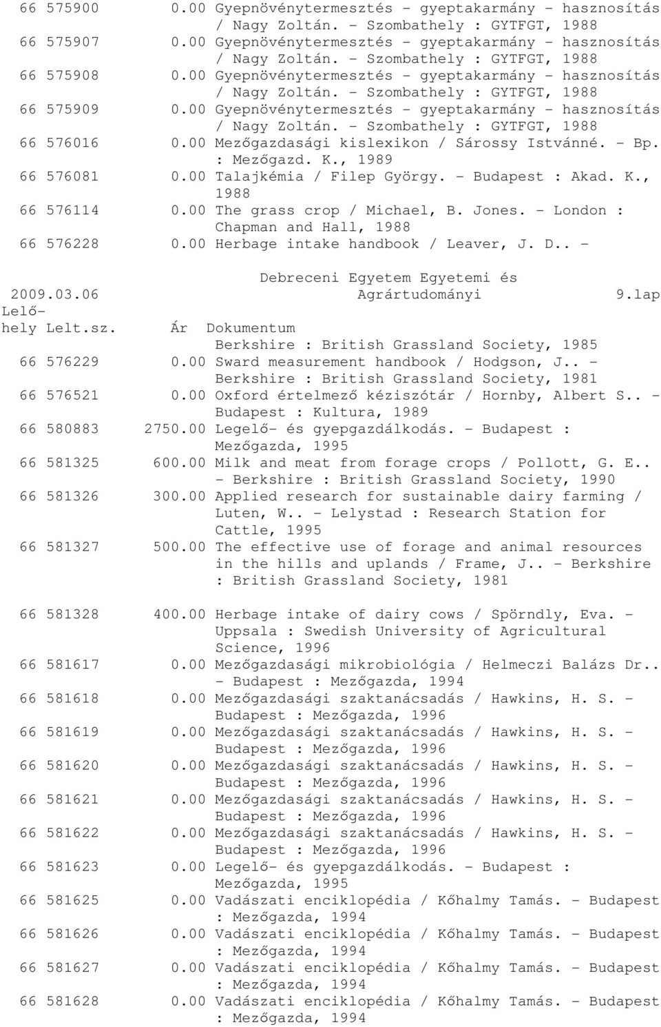 00 Mezőgazdasági kislexikon / Sárossy Istvánné. - Bp. : Mezőgazd. K., 1989 66 576081 0.00 Talajkémia / Filep György. - Budapest : Akad. K., 1988 66 576114 0.00 The grass crop / Michael, B. Jones.