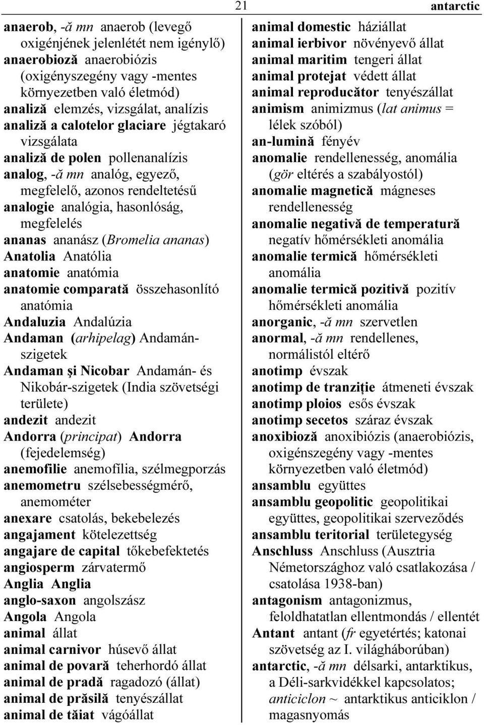 ananas) Anatolia Anatólia anatomie anatómia anatomie comparată összehasonlító anatómia Andaluzia Andalúzia Andaman (arhipelag) Andamánszigetek Andaman şi Nicobar Andamán- és Nikobár-szigetek (India