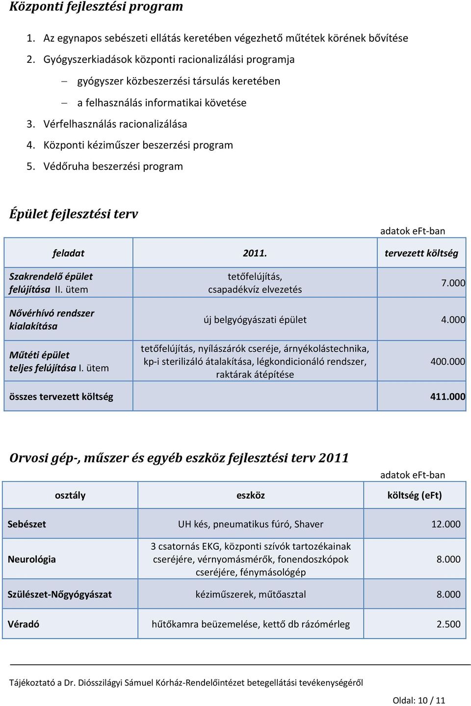 Központi kéziműszer beszerzési program 5. Védőruha beszerzési program Épület fejlesztési terv adatok eft ban feladat 2011. tervezett költség Szakrendelő épület felújítása II.