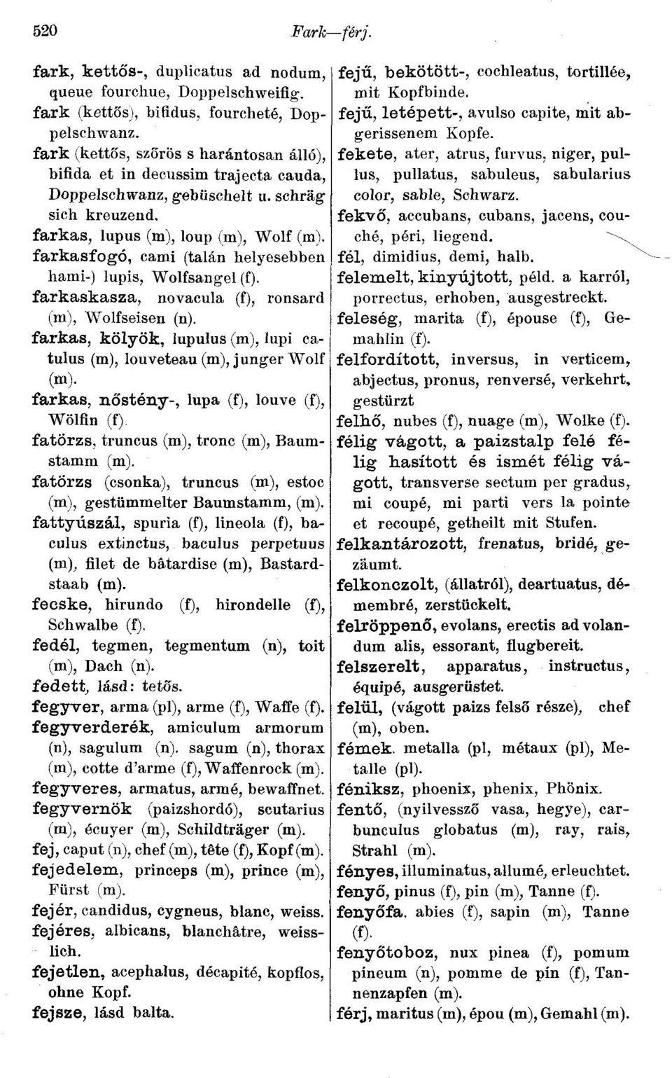 farkas, lupus (m), loup (m), Wolf farkasfogó, cami (talán helyesebben hami-) lupis, Wolfsangel (f). farkaskasza, novacula (f), ronsard (ni), Wolfseisen (n).