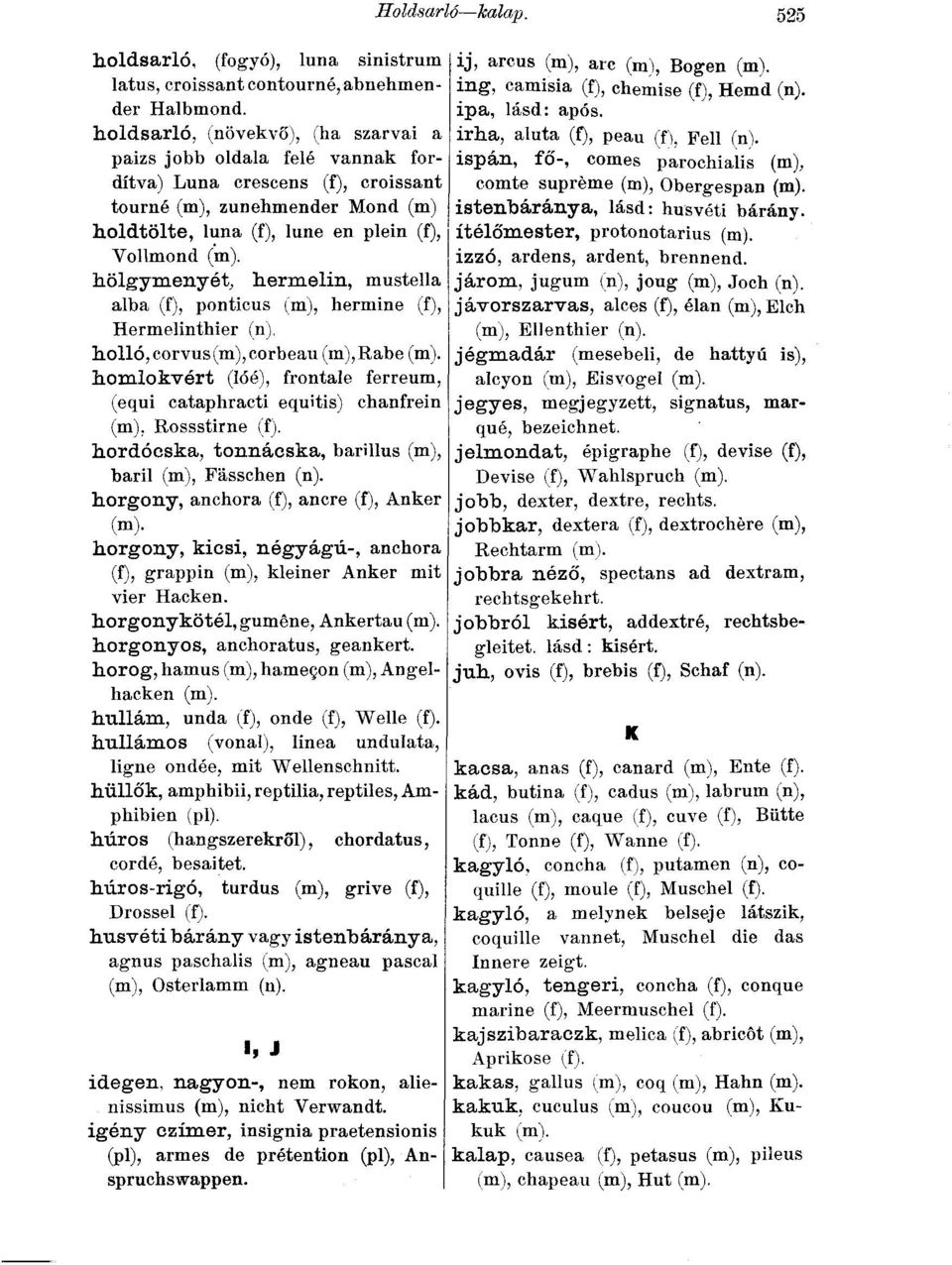 hermelin, mustella alba (f), ponticus (m), hermine (f), Hermelinthier (n). holló, corvus (m), corbeau (m), Rabe homlokvért (lóé), frontale ferreum, (equi cataphracti equitis) chanfrein Rossstirne (f).