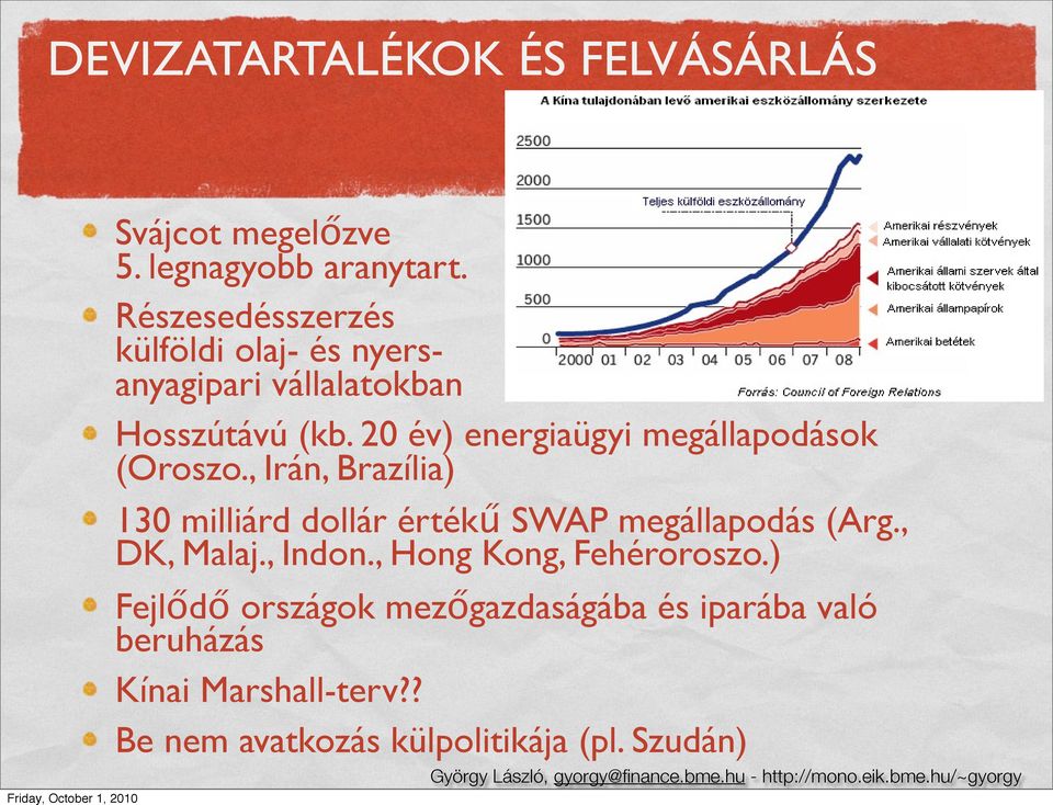 20 év) energiaügyi megállapodások (Oroszo., Irán, Brazília) 130 milliárd dollár értékű SWAP megállapodás (Arg.