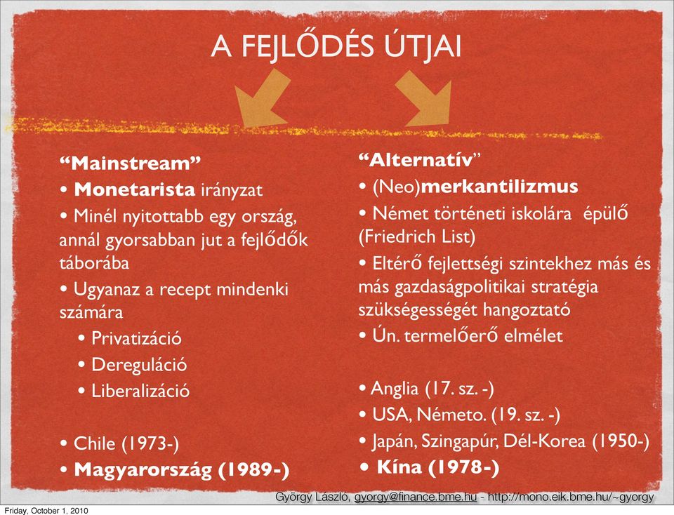 Német történeti iskolára épülő (Friedrich List) Eltérő fejlettségi szintekhez más és más gazdaságpolitikai stratégia