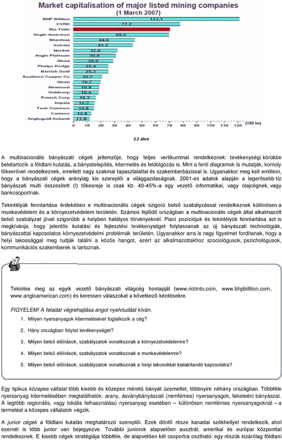 Ugyanakkor meg kell említeni, hogy a bányászati cégek aránylag kis szereplői a világgazdaságnak. 2001-es adatok alapján a legerősebb tíz bányászati multi összesített (!) tőkeereje is csak kb.