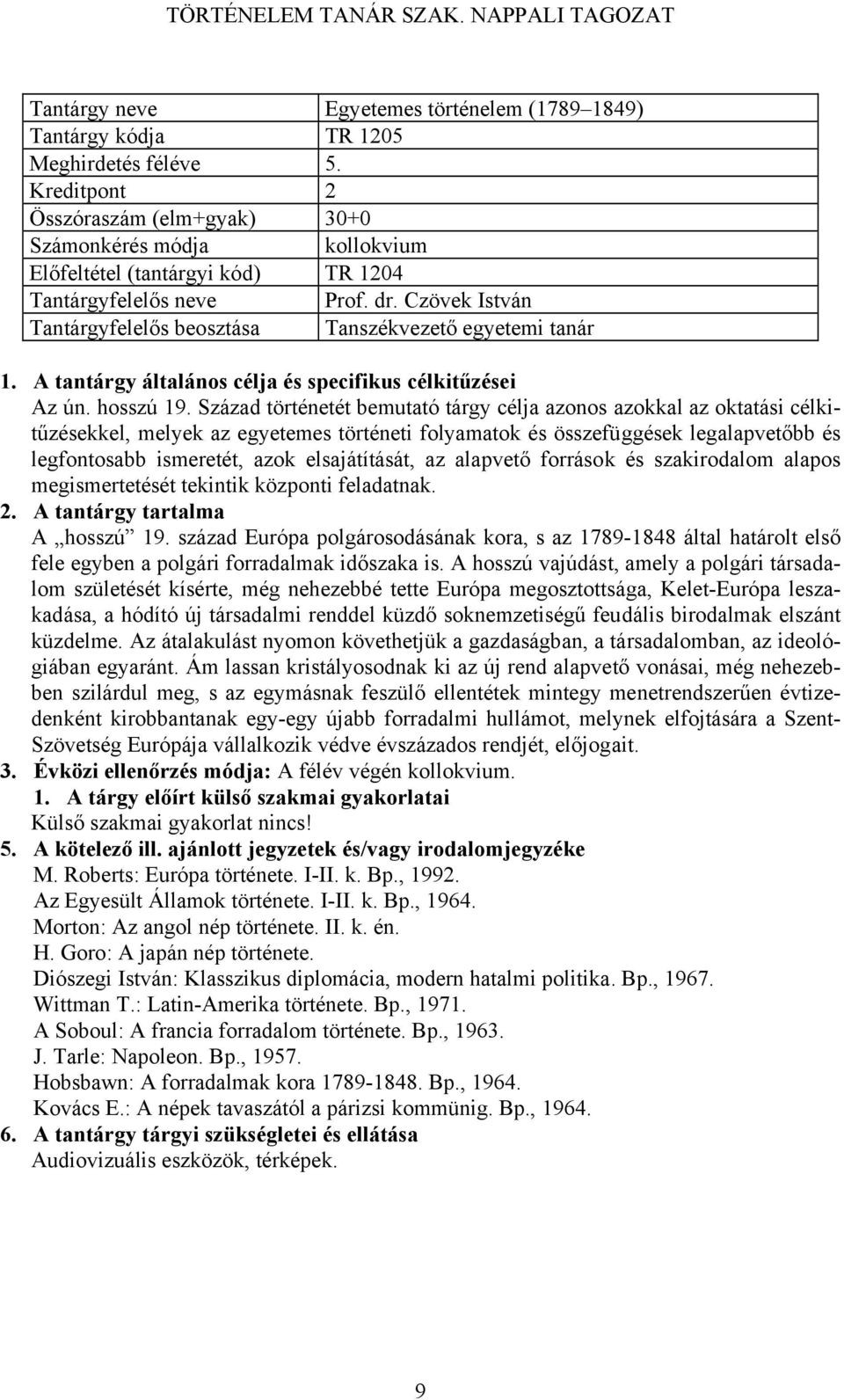 Század történetét bemutató tárgy célja azonos azokkal az oktatási célkitűzésekkel, melyek az egyetemes történeti folyamatok és összefüggések legalapvetőbb és legfontosabb ismeretét, azok