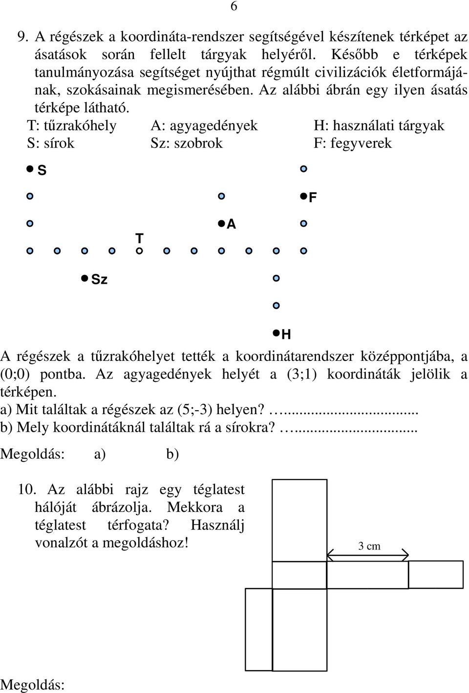 T: tűzrakóhely A: agyagedények H: használati tárgyak S: sírok Sz: szobrok F: fegyverek S F T A Sz A régészek a tűzrakóhelyet tették a koordinátarendszer középpontjába, a (0;0) pontba.