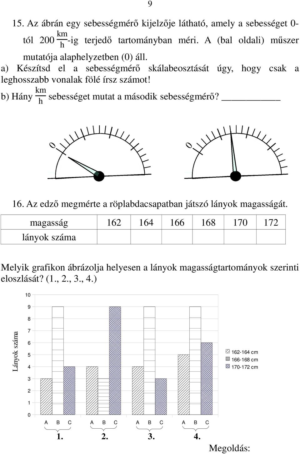 km b) Hány sebességet mutat a második sebességmérő? h 16. Az edző megmérte a röplabdacsapatban játszó lányok magasságát.