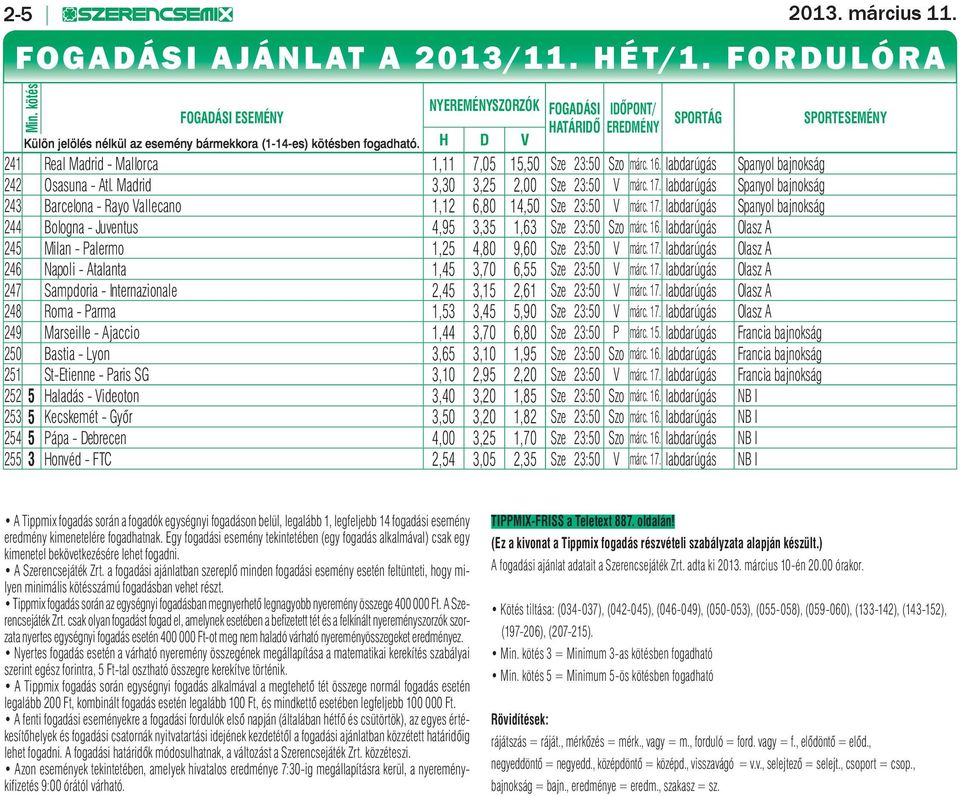 H D V 241 Real Madrid - Mallorca 1,11 7,05 15,50 Sze 23:50 Szo márc. 16. labdarúgás Spanyol bajnokság 242 Osasuna - Atl. Madrid 3,30 3,25 2,00 Sze 23:50 V márc. 17.