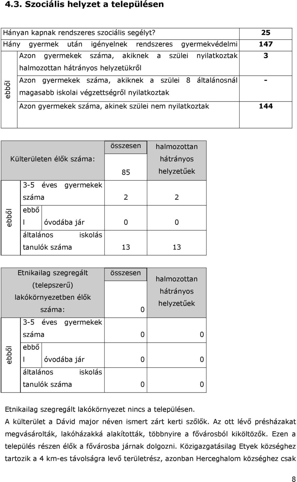 általánosnál - magasabb iskolai végzettségről nyilatkoztak Azon gyermekek száma, akinek szülei nem nyilatkoztak 144 összesen halmozottan Külterületen élők száma: hátrányos 85 helyzetűek 3-5 éves