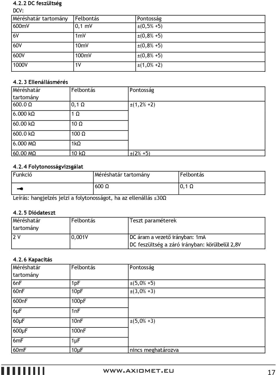 2.5 Diódateszt Méréshatár tartomány Felbontás Teszt paraméterek 2 V 0,001V DC áram a vezető irányban: 1mA DC feszültség a záró irányban: körülbelül 2,8V 4.2.6 Kapacitás Méréshatár tartomány Felbontás Pontosság 6nF 1pF ±(5,0% +5) 60nF 10pF ±(3,0% +3) 600nF 100pF 6µF 1nF 60µF 10nF ±(5,0% +3) 600µF 100nF 6mF 1µF 60mF 10µF nincs meghatározva 17