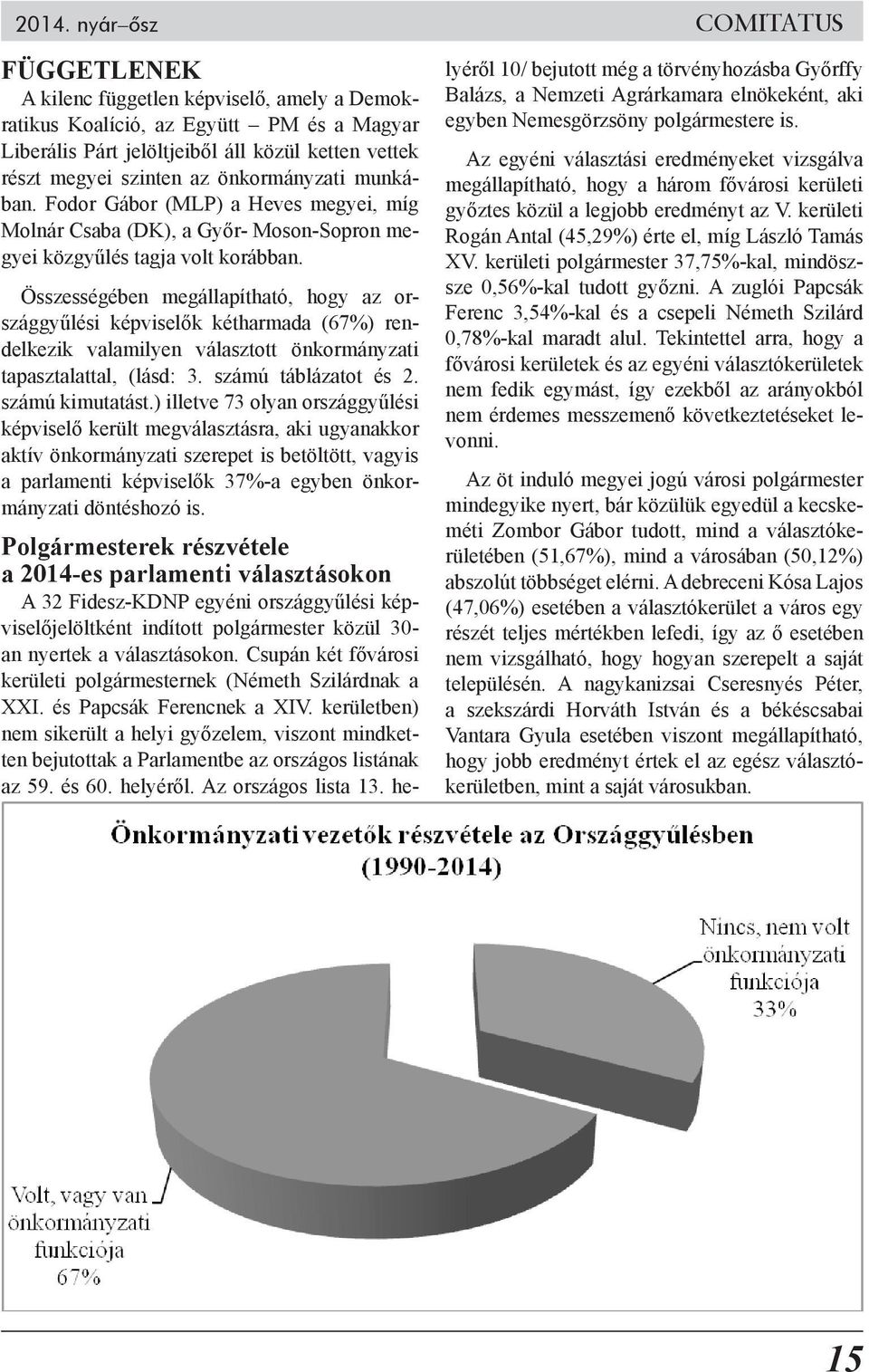 Összességében megállapítható, hogy az országgyűlési képviselők kétharmada (67%) rendelkezik valamilyen választott önkormányzati tapasztalattal, (lásd: 3. számú táblázatot és 2. számú kimutatást.