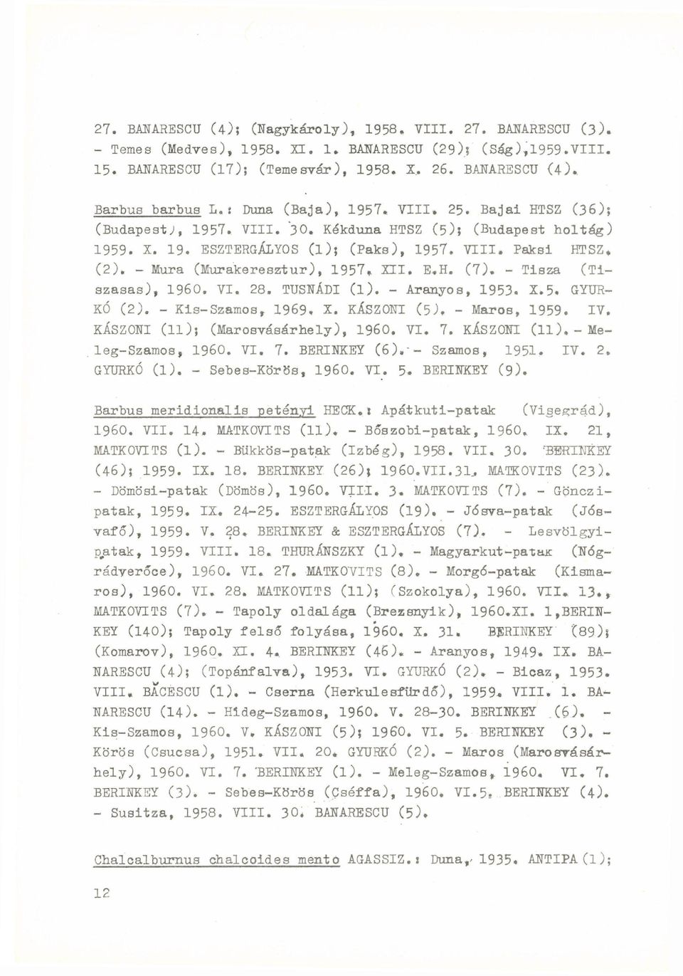 E.H. (7). - Tisza (Tiszasas), I960. VI. 28. TUSNÁDI ( l ). - Aranyos, 1953. X.5. GYUR KÓ (2). - Kis-Szamos, 1969» X. KÁSZONI (5). - Maros, 1959. IV. KÁSZONI (11); (Marosvásárhely), I960. VI. 7.