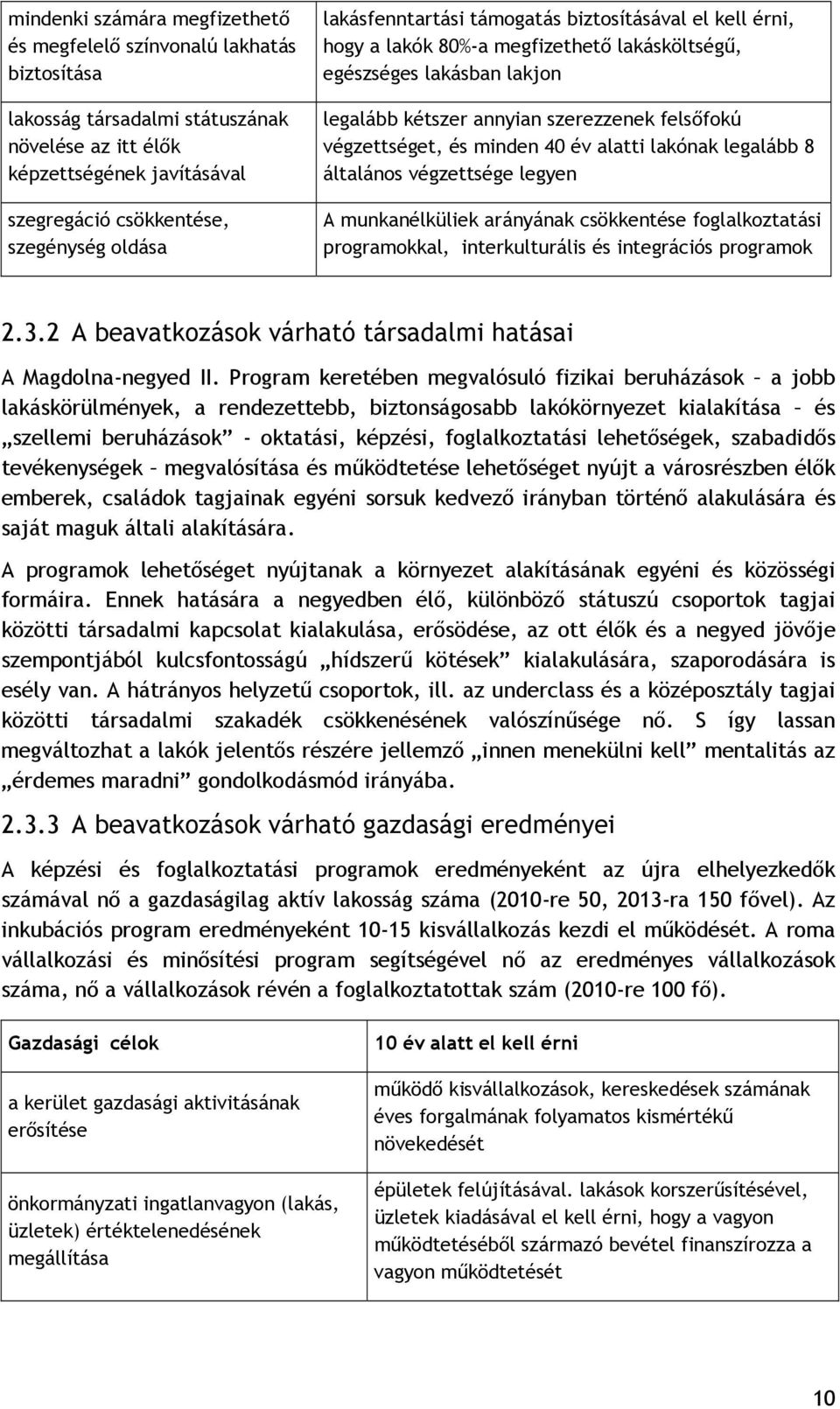 minden 40 év alatti lakónak legalább 8 általános végzettsége legyen A munkanélküliek arányának csökkentése foglalkoztatási programokkal, interkulturális és integrációs programok 2.3.