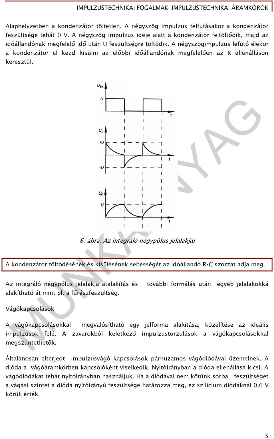 A négyszögimpulzus lefutó élekor a kondenzátor el kezd kisülni az előbbi időállandónak megfelelően az R ellenálláson keresztül. 6. ábra.