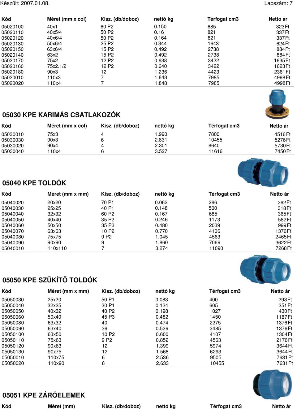 88 7985 998Ft 05030 KPE KARIMÁS CSATLAKOZÓK (mm x col) 05010 75x3 1.990 7800 516Ft 05030 90x3 6.831 1055 576Ft 0500 90x.301 860 5730Ft 0500 110x 6 3.