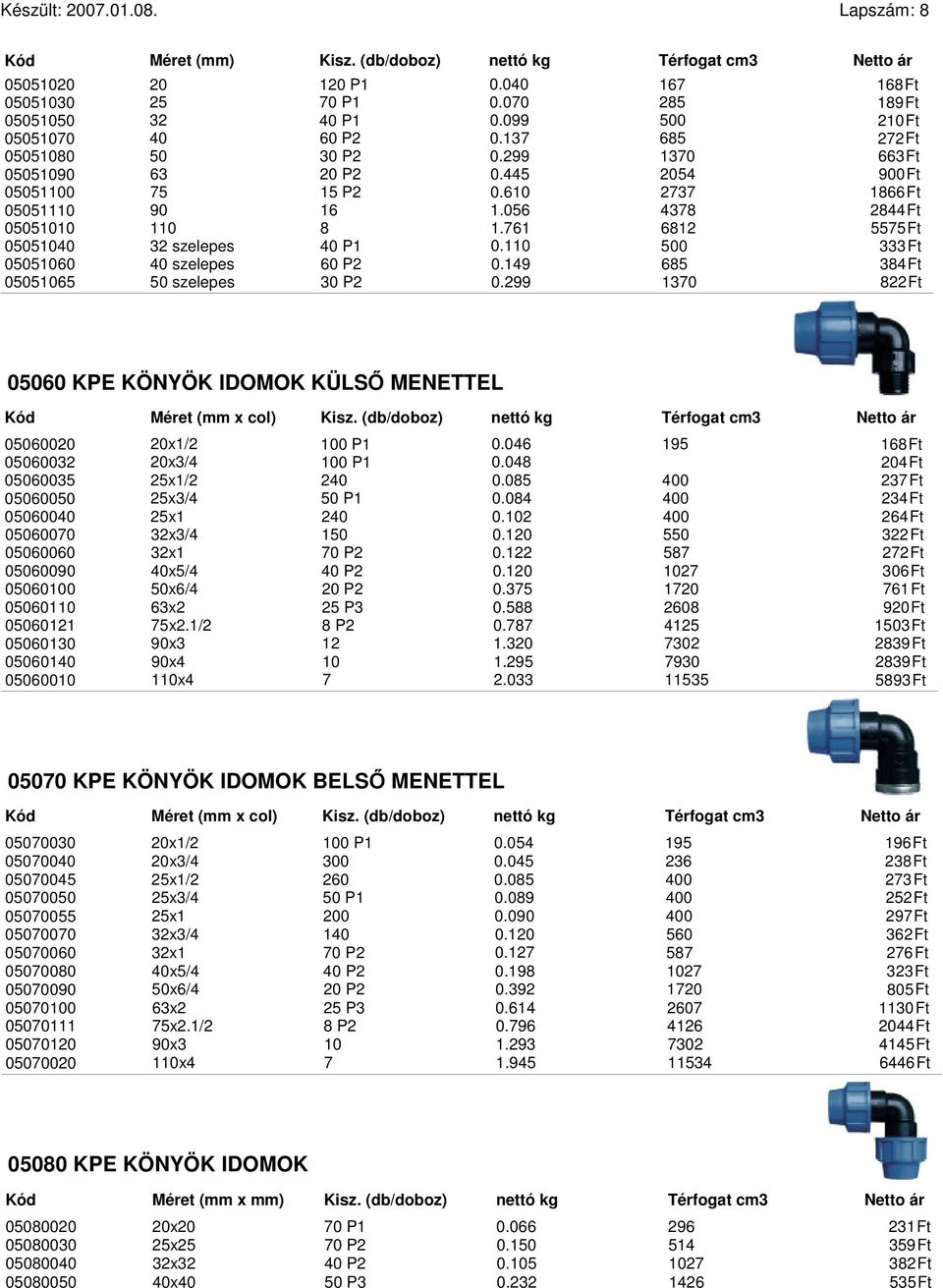19 685 38Ft 05051065 50 szelepes 30 P 0.99 1370 8Ft 05060 KPE KÖNYÖK IDOMOK KÜLS MENETTEL (mm x col) 0506000 0x1/ P1 0.06 195 168Ft 0506003 0x3/ P1 0.08 0Ft 05060035 5x1/ 0 0.