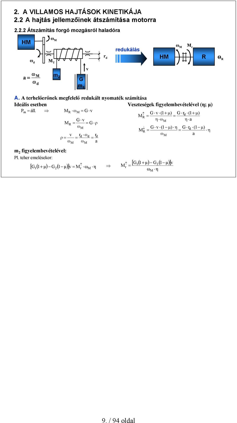 A erhelőerőnek megfelelő redukál nyomaék számíása Ideális eseben Veszeségek figyelembevéelével (η; μ) P m áll.