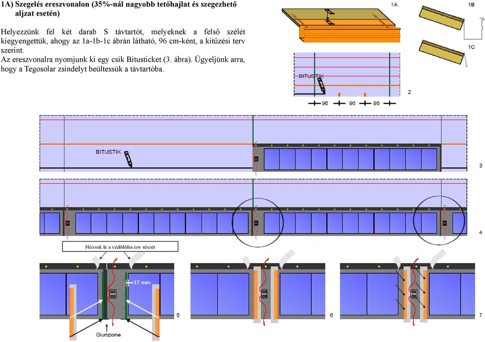 96 cm-ként, a kitűzési terv szerint. Az ereszvonalra nyomjunk ki egy csík Bitusticket (3. ábra).