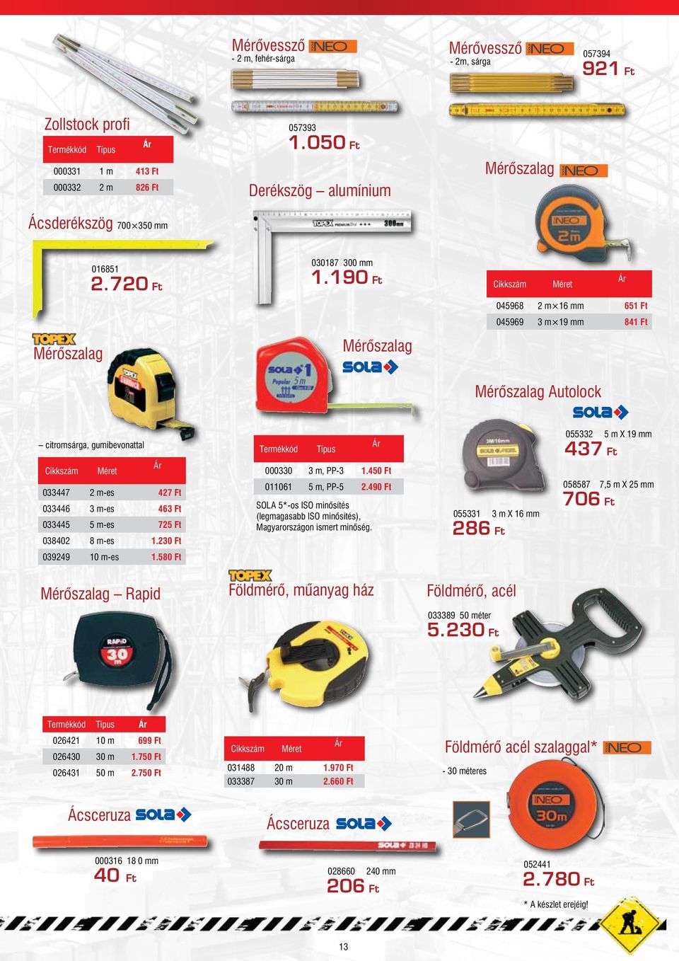 190 Ft 045968 2 m 16 mm 651 Ft 045969 3 m 19 mm 841 Ft Mérõszalag Mérőszalag Mérőszalag Autolock citromsárga, gumibevonattal Típus 055332 5 m X 19 mm 437 Ft 000330 3 m, PP-3 1.