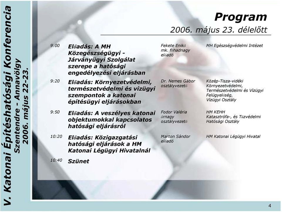 HM Katonai Légügyi Hivatalnál Szünet Fekete Enikő mk. főhadnagy előadó Dr. Nemes Gábor Fodor Valéria őrnagy Marton Sándor előadó 2006. május 23.