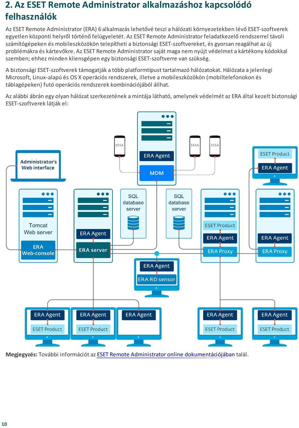 Az ESET Remote Administrator feladatkezelő rendszerrel távoli számítógépeken és mobileszközökön telepítheti a biztonsági ESET-szoftvereket, és gyorsan reagálhat az új problémákra és kártevőkre.