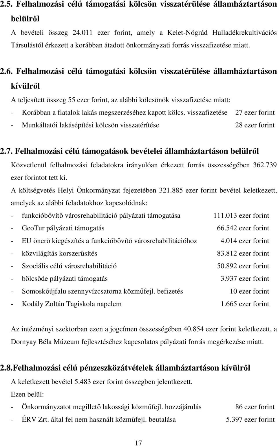 Felhalmozási célú támogatási kölcsön visszatérülése államháztartáson kívülről A teljesített összeg 55 ezer forint, az alábbi kölcsönök visszafizetése miatt: - Korábban a fiatalok lakás megszerzéséhez