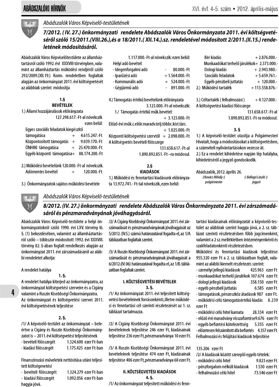 rendeletben foglaltak alapján az önkormányzat 2011. évi költségvetését az alábbiak szerint módosítja 1. BEVÉTELEK 1.) Állami hozzájárulások előirányzata 127.298.617.