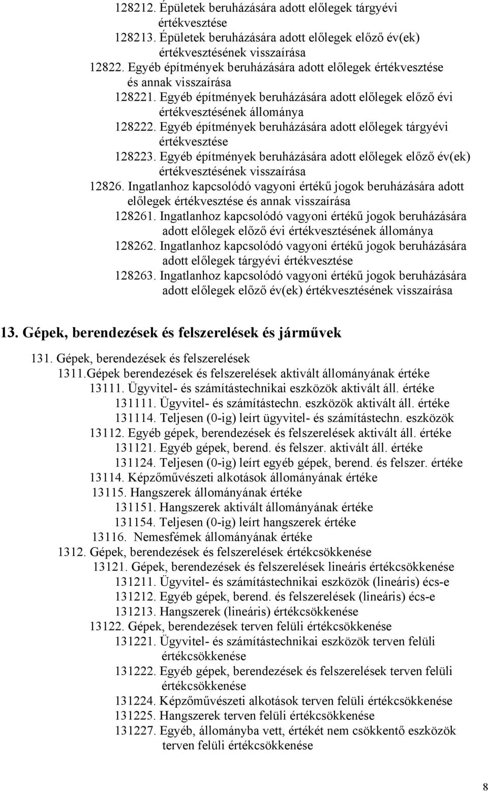 Egyéb építmények beruházására adott előlegek tárgyévi értékvesztése 128223. Egyéb építmények beruházására adott előlegek előző év(ek) értékvesztésének visszaírása 12826.