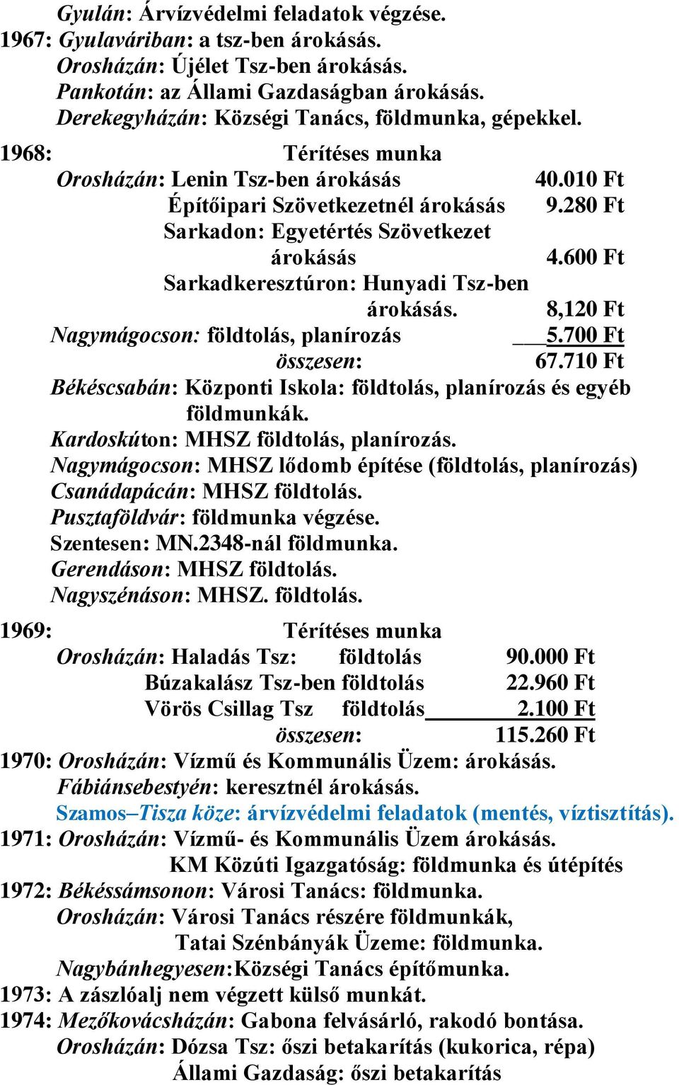 280 Ft Sarkadon: Egyetértés Szövetkezet árokásás 4.600 Ft Sarkadkeresztúron: Hunyadi Tsz-ben árokásás. 8,120 Ft Nagymágocson: földtolás, planírozás 5.700 Ft 67.