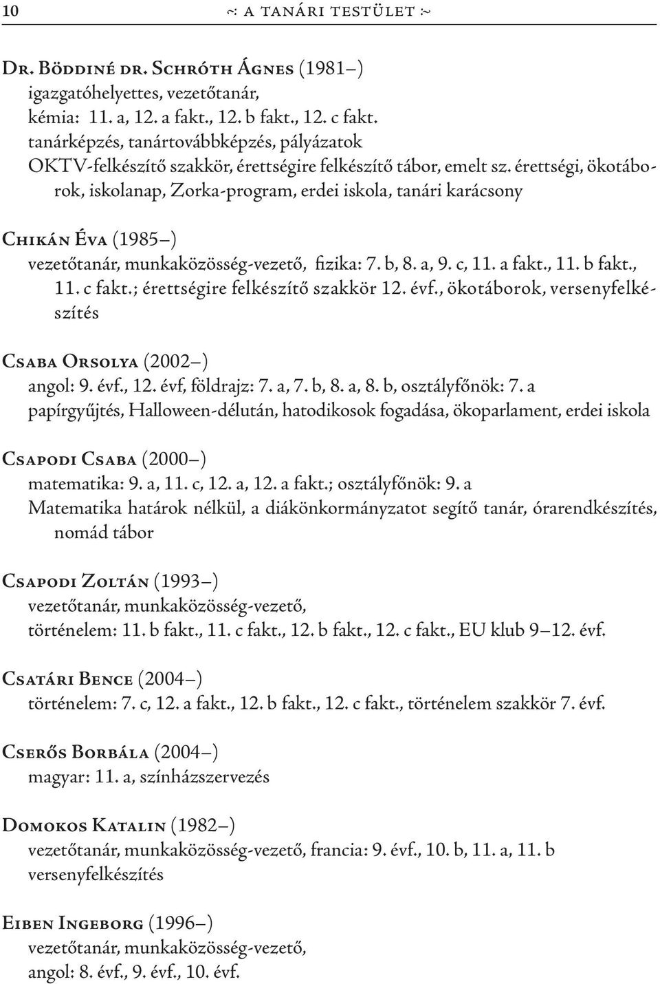 érettségi, ökotáborok, iskolanap, Zorka-program, erdei iskola, tanári karácsony Chikán Éva (1985 ) vezetőtanár, munkaközösség-vezető, fizika: 7. b, 8. a, 9. c, 11. a fakt., 11. b fakt., 11. c fakt.