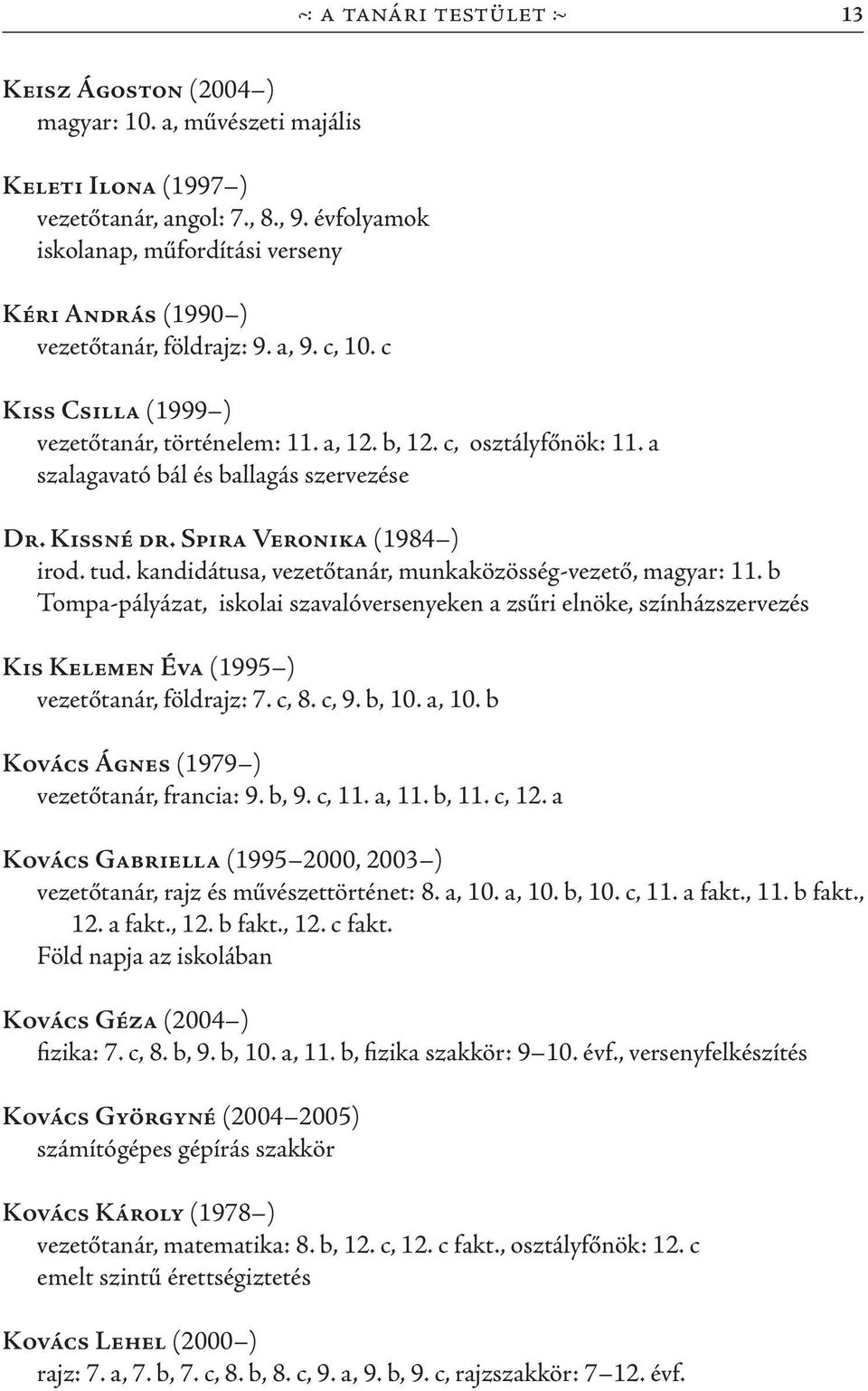 a szalagavató bál és ballagás szervezése Dr. Kissné dr. Spira Veronika (1984 ) irod. tud. kandidátusa, vezetőtanár, munkaközösség-vezető, magyar: 11.