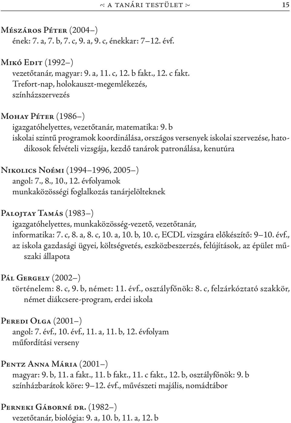 b iskolai szintű programok koordinálása, országos versenyek iskolai szervezése, hatodikosok felvételi vizsgája, kezdő tanárok patronálása, kenutúra Nikolics Noémi (1994 1996, 2005 ) angol: 7., 8., 10.