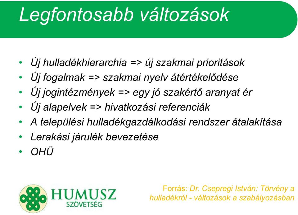 hivatkozási referenciák A települési hulladékgazdálkodási rendszer átalakítása Lerakási