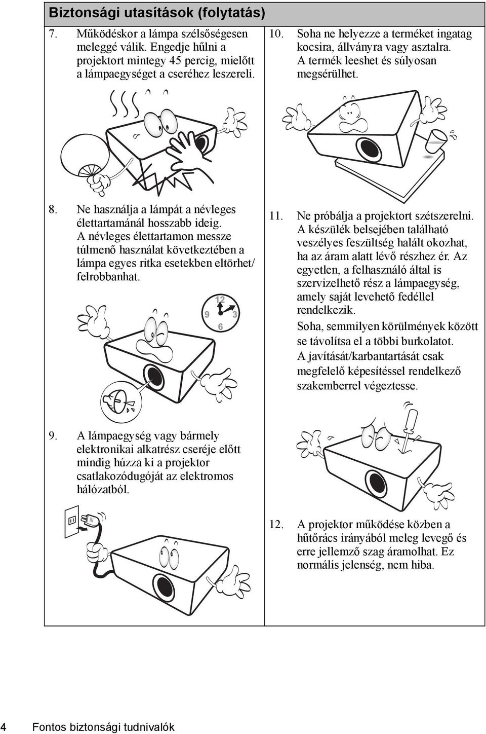 A névleges élettartamon messze túlmenő használat következtében a lámpa egyes ritka esetekben eltörhet/ felrobbanhat. 11. Ne próbálja a projektort szétszerelni.