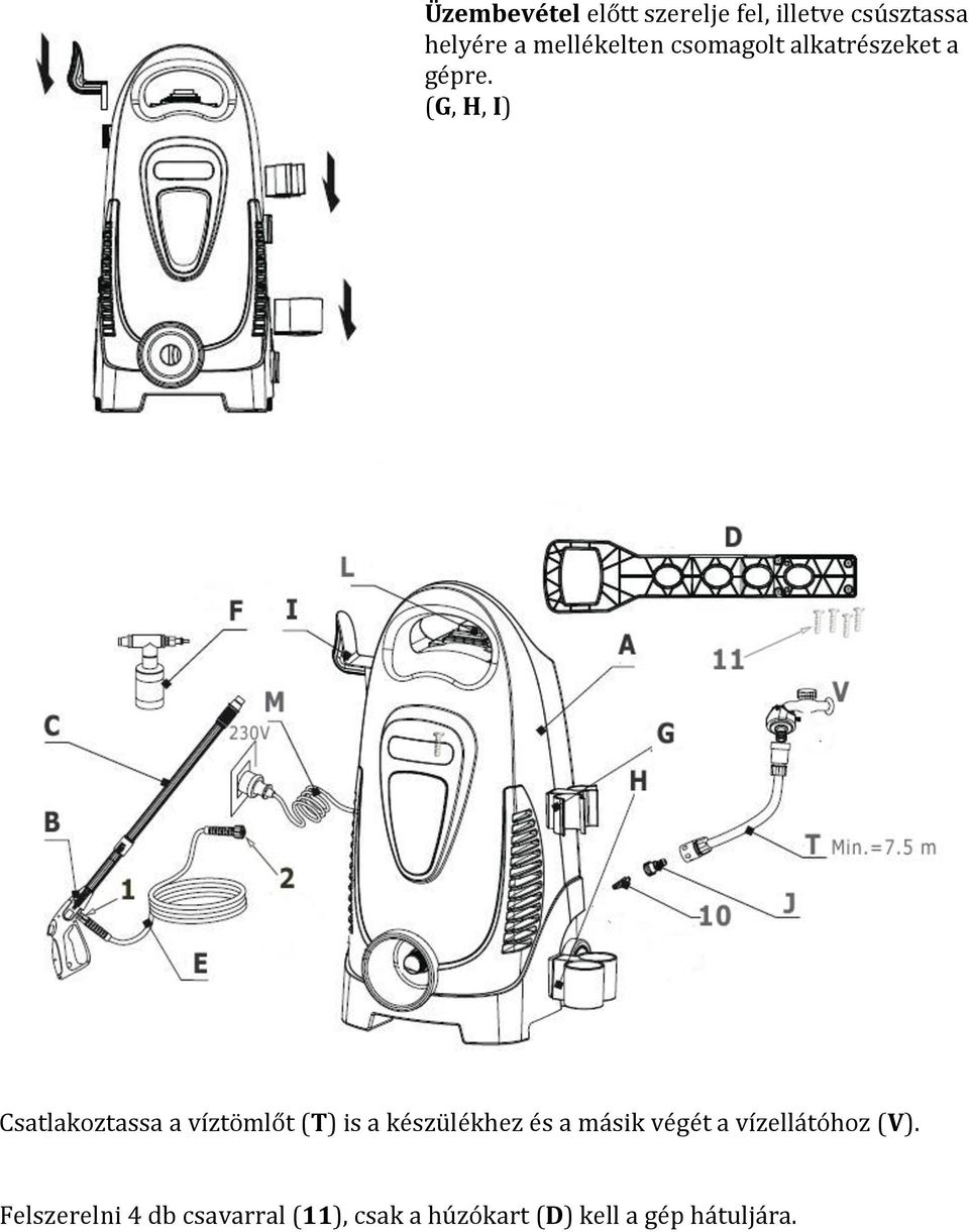 (G, H, I) Csatlakoztassa a víztömlőt (T) is a készülékhez és a másik