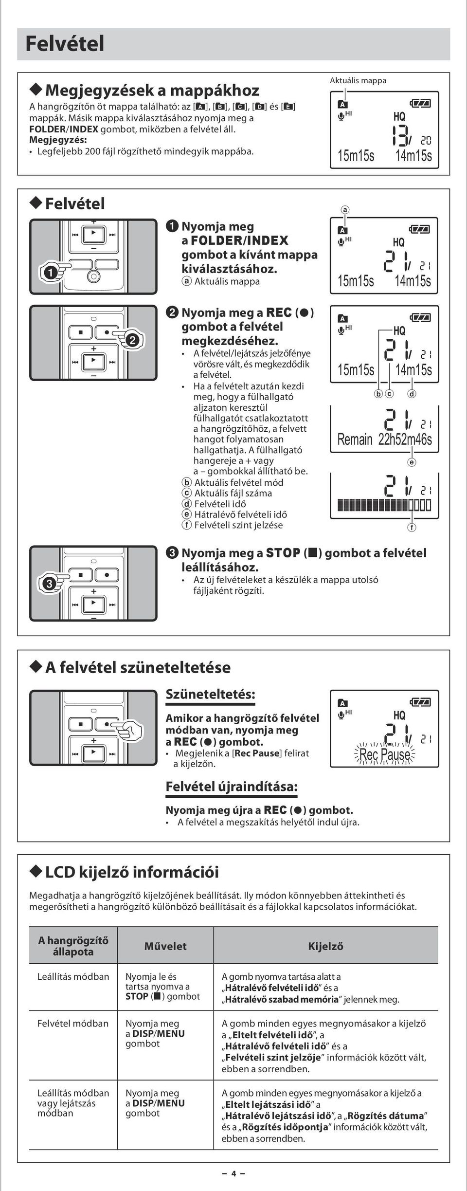 Aktuális mappa 15m15s 14m15s h Felvétel 1 Nyomja meg a FOLDER/INDEX gombot a kívánt mappa a Aktuális mappa a 15m15s 14m15s 2 Nyomja meg a REC (s) gombot a felvétel megkezdéséhez.