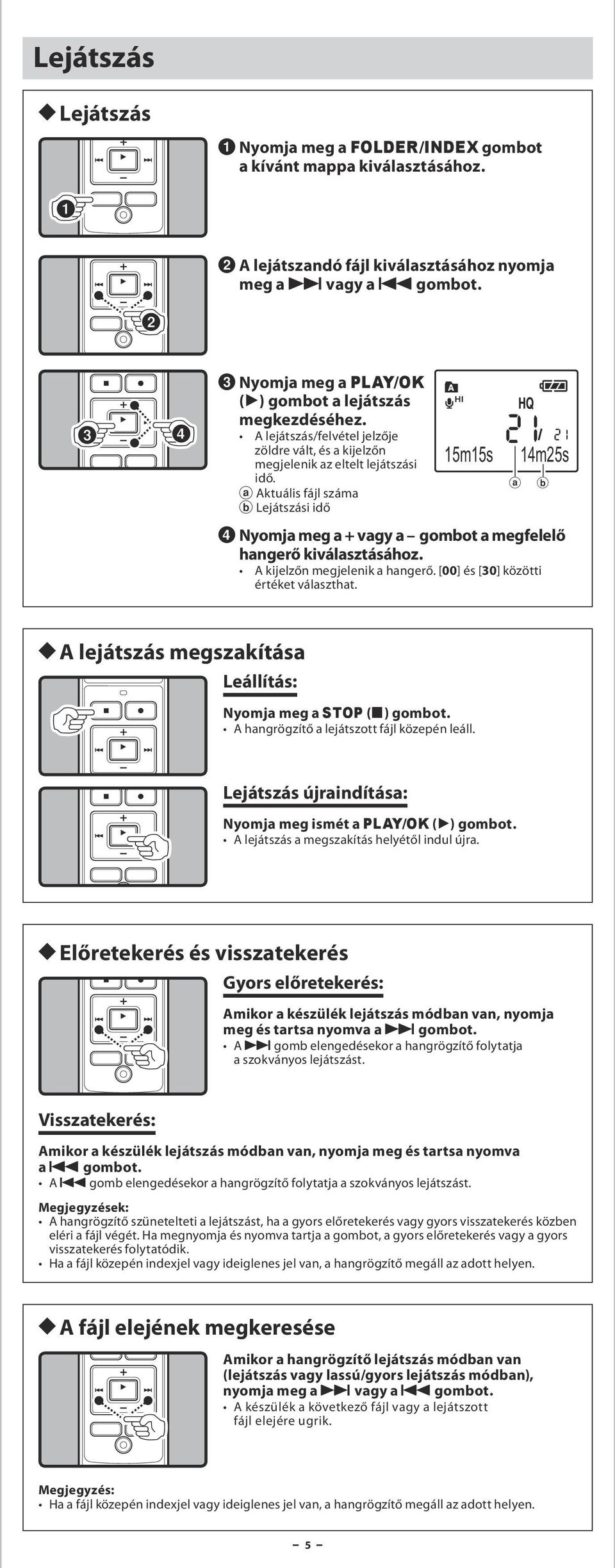 a Aktuális fájl száma b Lejátszási idő 15m15s a 14m25s b 4 Nyomja meg a + vagy a gombot a megfelelő hangerő A kijelzőn megjelenik a hangerő. [00] és [30] közötti értéket választhat.