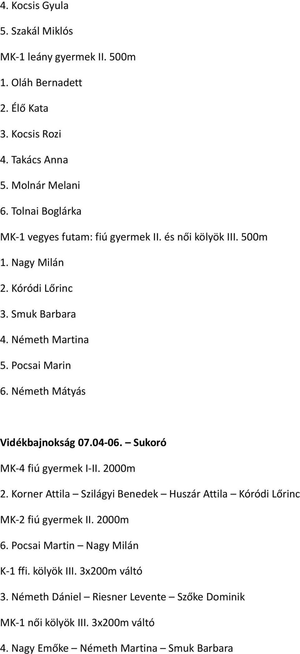 Németh Mátyás Vidékbajnokság 07.04-06. Sukoró MK-4 fiú gyermek I-II. 2000m 2. Korner Attila Szilágyi Benedek Huszár Attila Kóródi Lőrinc MK-2 fiú gyermek II.