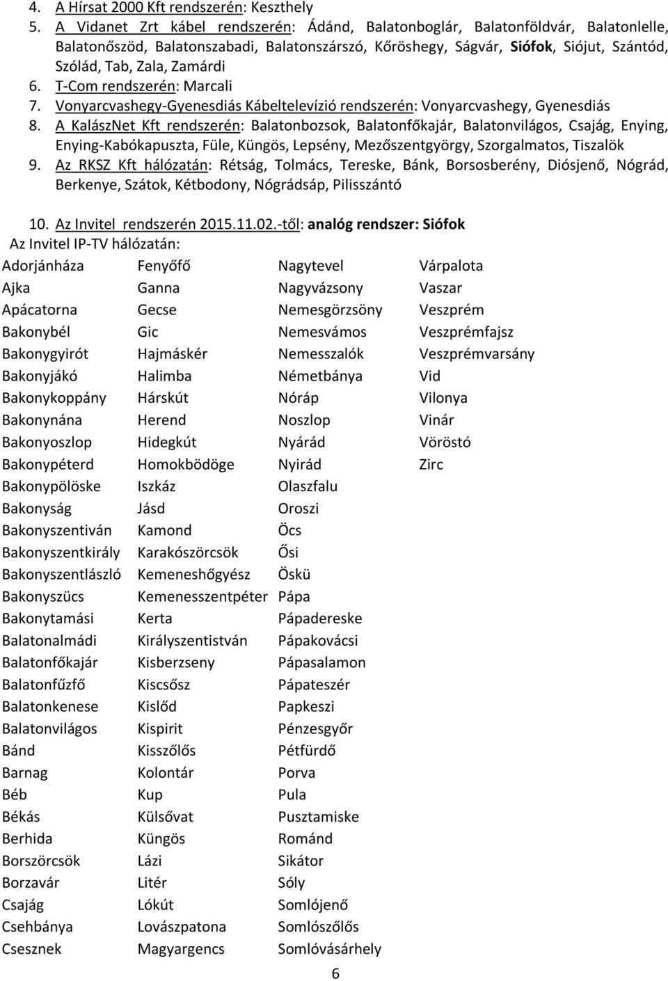 Zamárdi 6. T-Com rendszerén: Marcali 7. Vonyarcvashegy-Gyenesdiás Kábeltelevízió rendszerén: Vonyarcvashegy, Gyenesdiás 8.