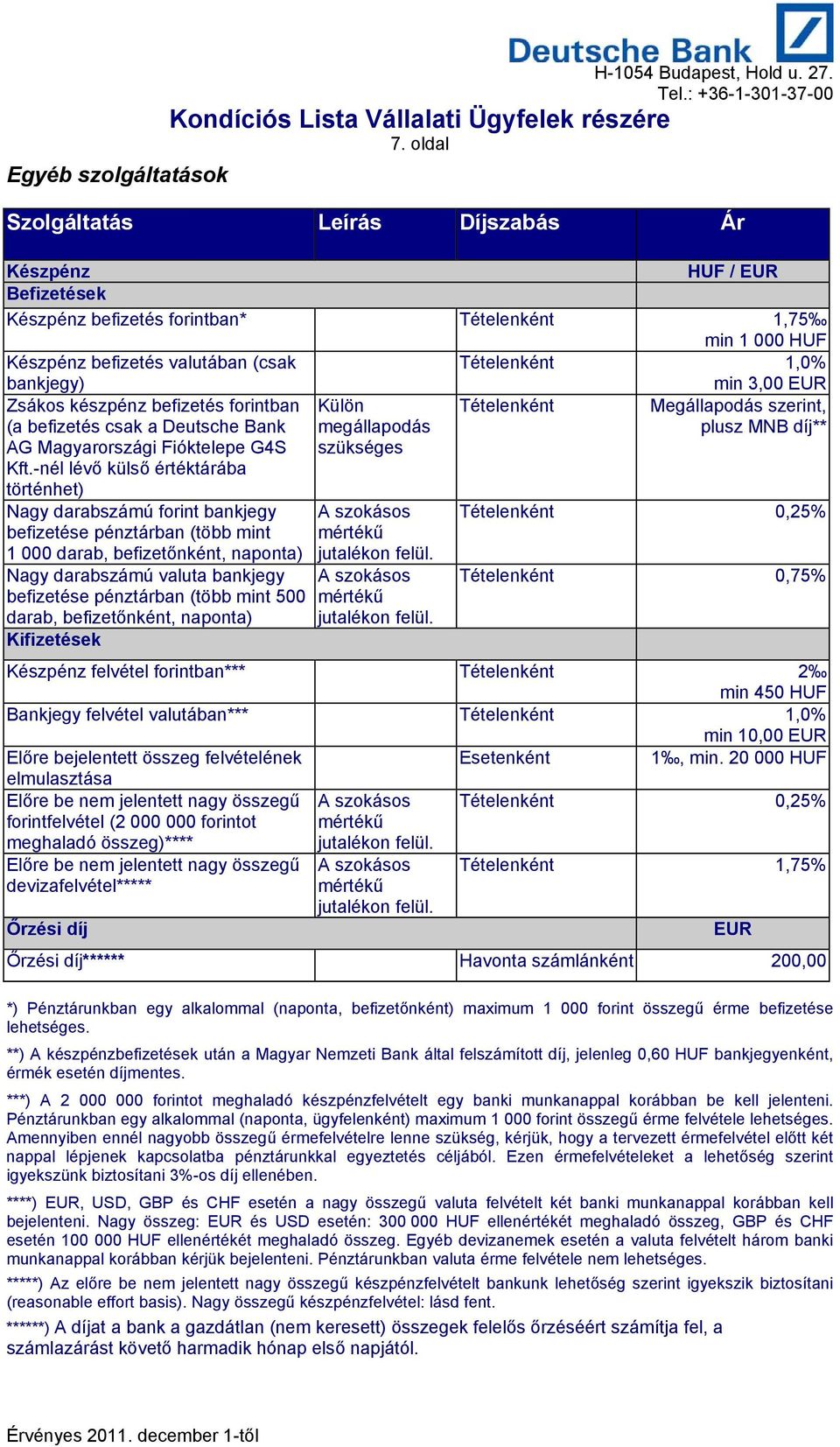 Zsákos készpénz befizetés forintban (a befizetés csak a Deutsche Bank AG Magyarországi Fióktelepe G4S Kft.