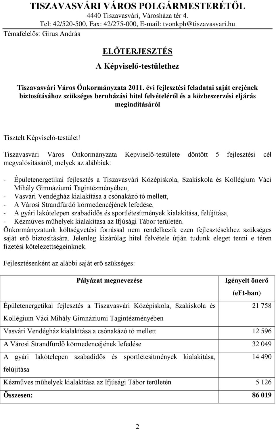 évi fejlesztési feladatai saját erejének biztosításához szükséges beruházási hitel felvételéről és a közbeszerzési eljárás megindításáról Tisztelt Képviselő-testület!