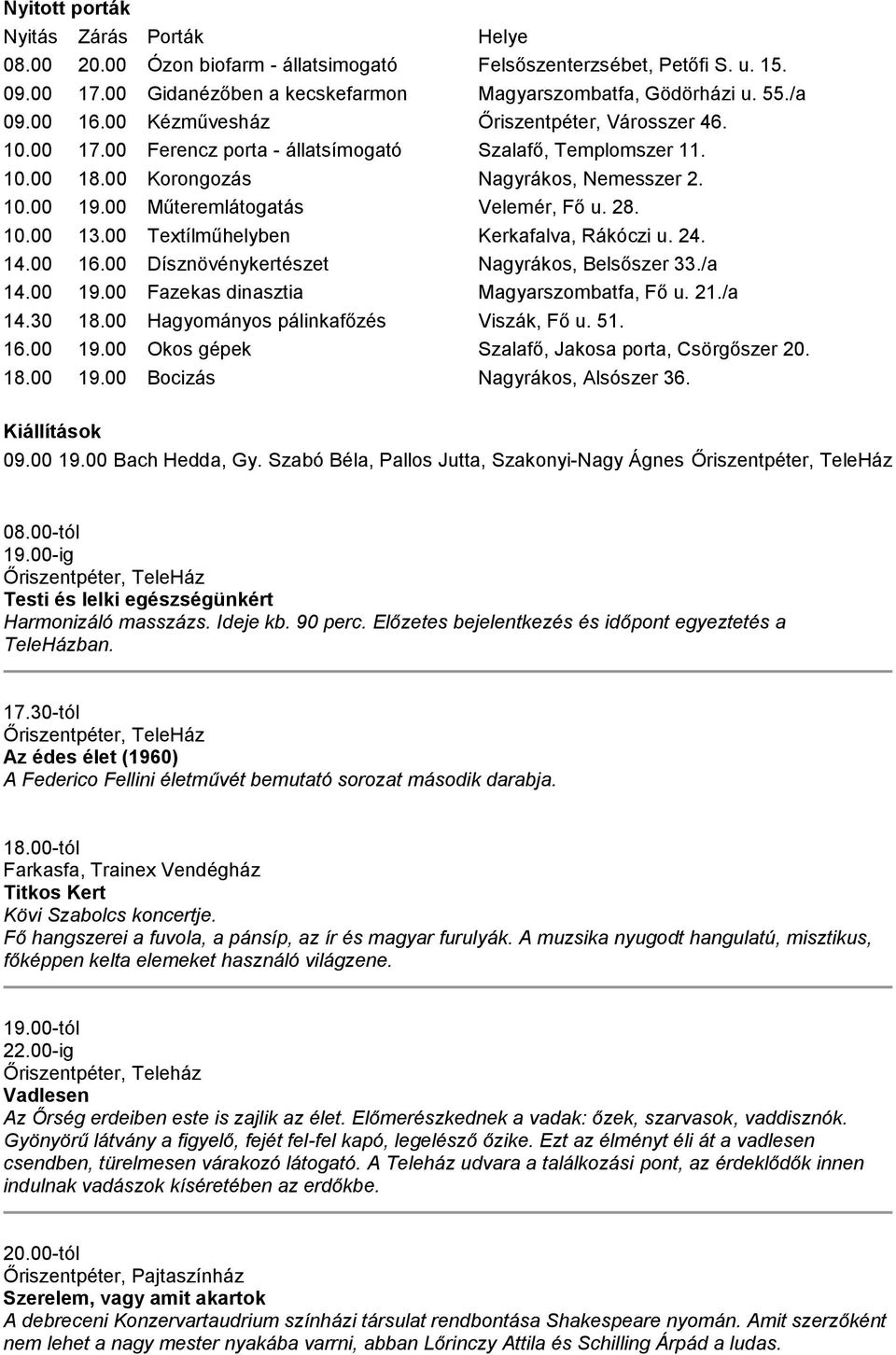 00 Textílműhelyben Kerkafalva, Rákóczi u. 24. 14.00 16.00 Dísznövénykertészet Nagyrákos, Belsőszer 33./a 14.00 19.00 Fazekas dinasztia Magyarszombatfa, Fő u. 21./a 14.30 18.