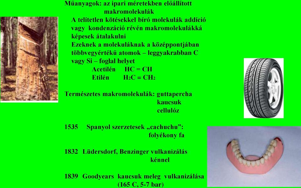 foglal helyet Acetilén HC = CH Etilén H2C = CH2 Természetes makromolekulák: guttapercha kaucsuk cellulóz 1535 Spanyol