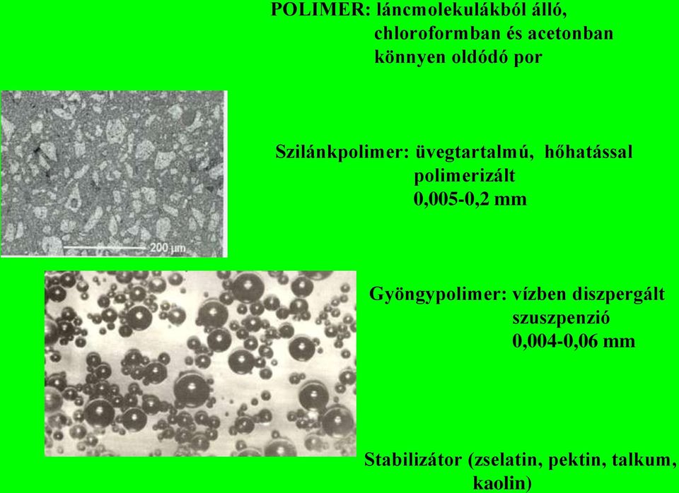 polimerizált 0,005-0,2 mm Gyöngypolimer: vízben diszpergált